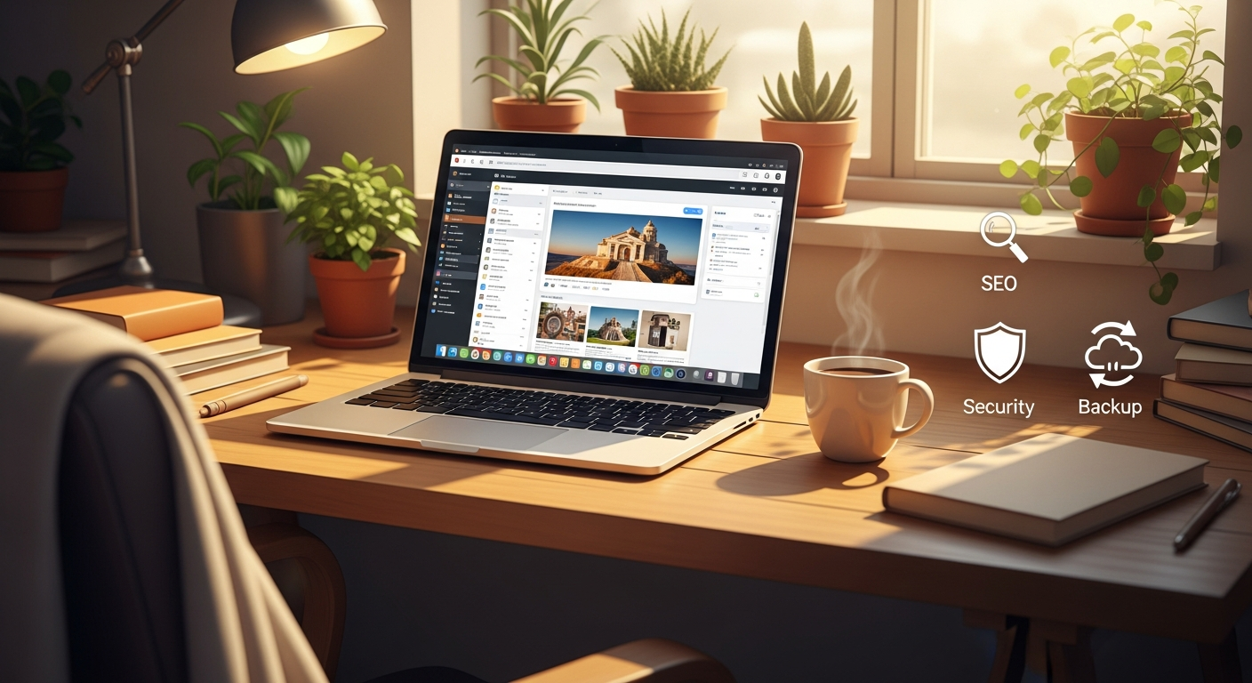 워드프레스 필수 초기 설정을 상징하는 따뜻한 느낌의 일러스트