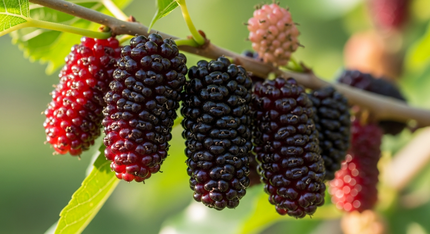 5월과 6월에 맛볼 수 있는 신선한 보라빛 오디 열매가 나뭇가지에 달려 있는 모습