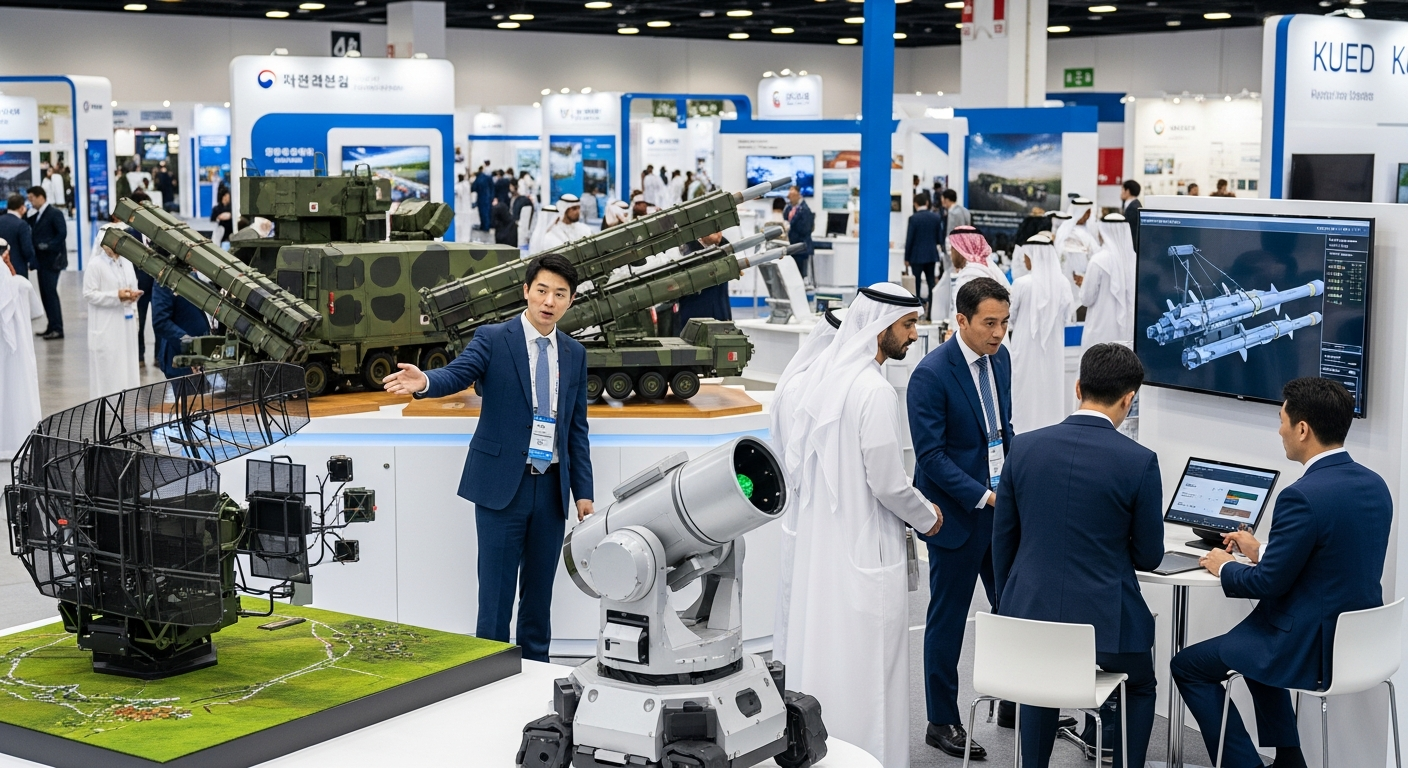 방산 전시회에서 한국 엔지니어가 걸프 대표단에게 방공 레이더와 미사일 모형을 설명하는 장면