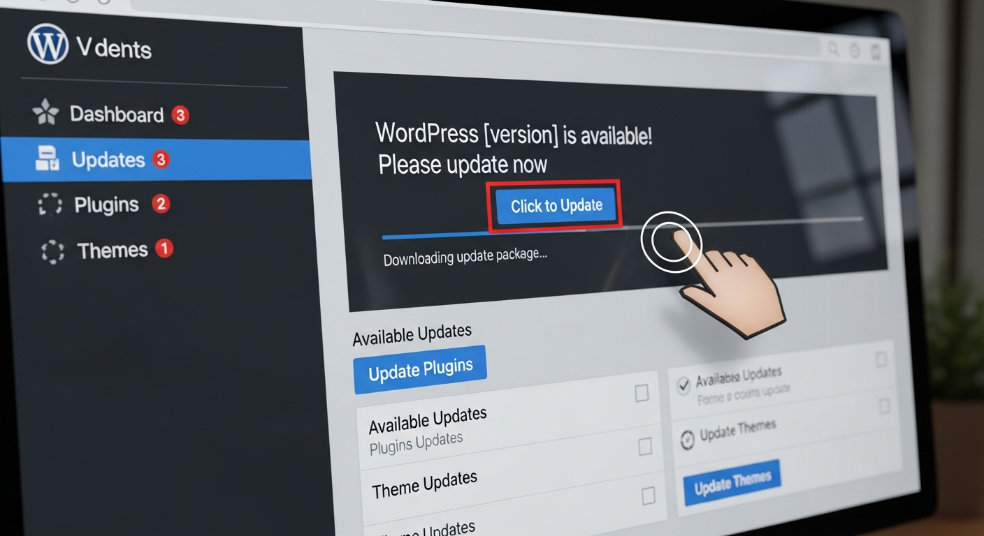 워드프레스 관리자 페이지에서 보안 업데이트를 확인하고 실행하는 모습을 보여주는 이미지