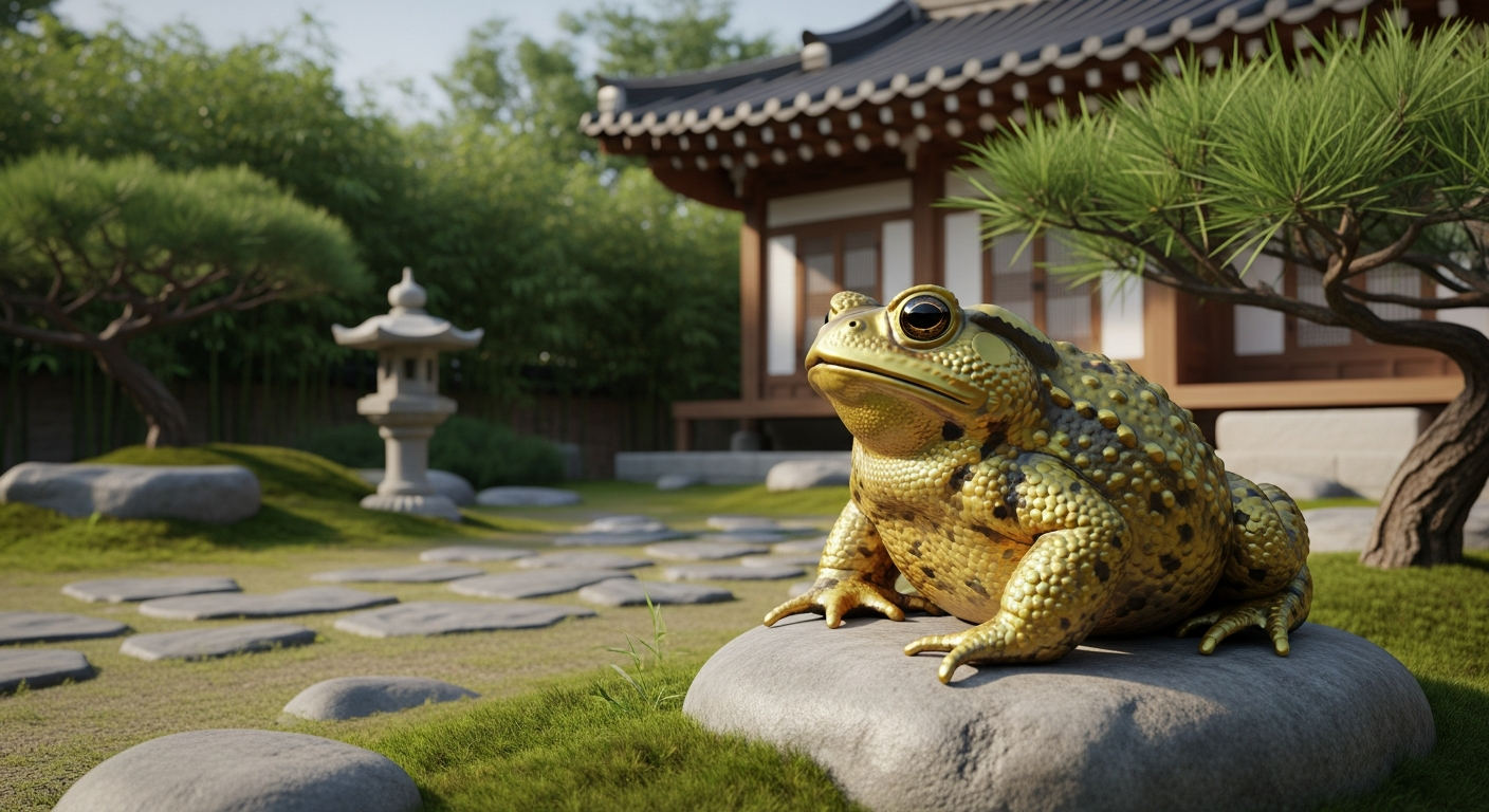 황금 두꺼비가 한국 전통 가옥 정원 옆에 앉아 있는 모습