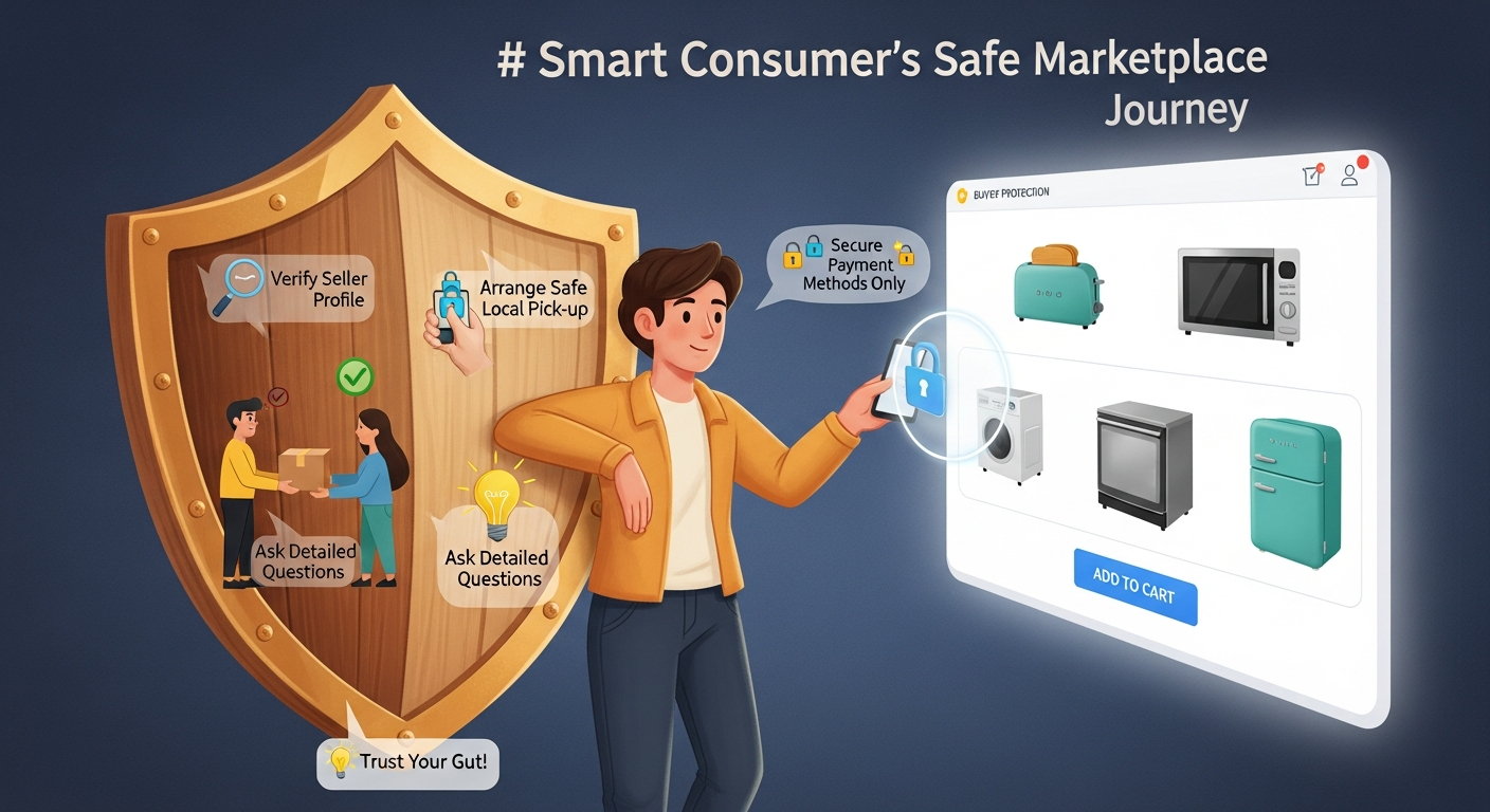 중고 가전제품 구매 시 사기 예방 안전거래 가이드를 상징적으로 표현한 일러스트