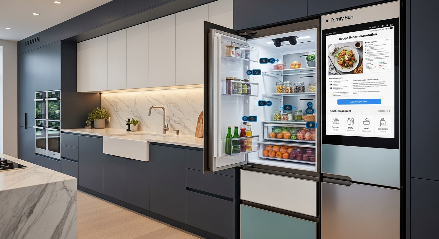 삼성 비스포크 AI 패밀리허브 냉장고가 주방에서 레시피와 식재료를 관리하는 모습