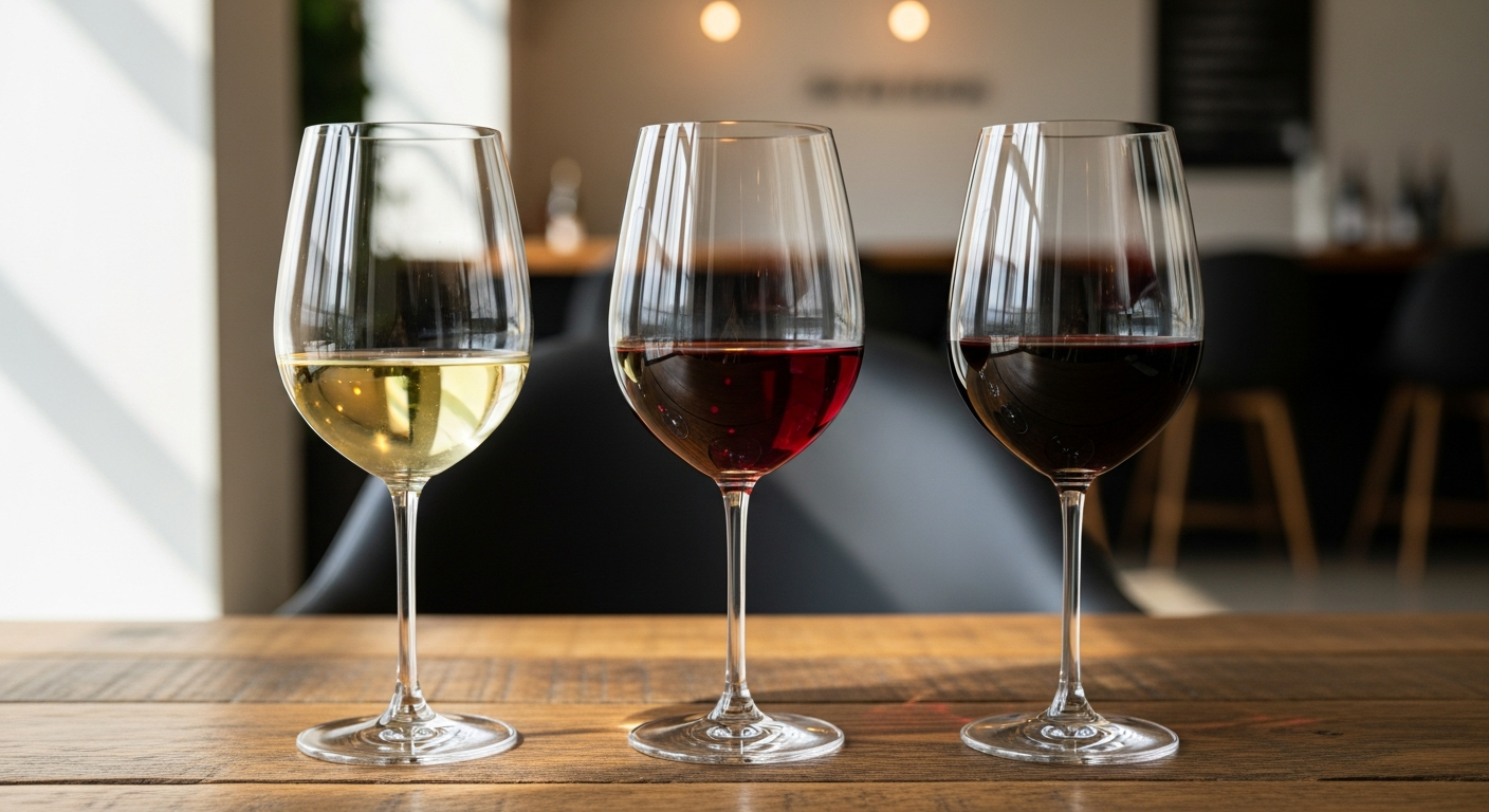 와인의 라이트 바디, 미디엄 바디, 풀 바디를 보여주는 세 잔의 와인 이미지
