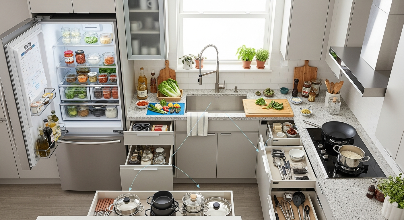 주방 내 워크 트라이앵글과 효율적인 동선, 수납을 보여주는 주방 공간