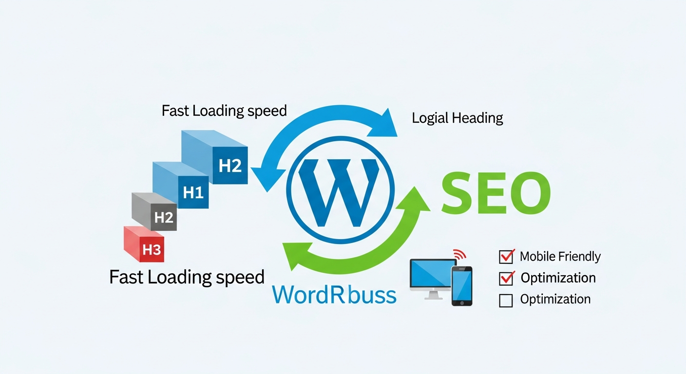 워드프레스 로고를 중심으로 로딩 속도 최적화 제목 구조 모바일 친화성 체크리스트를 보여주는 추상 디지털 아트 이미지