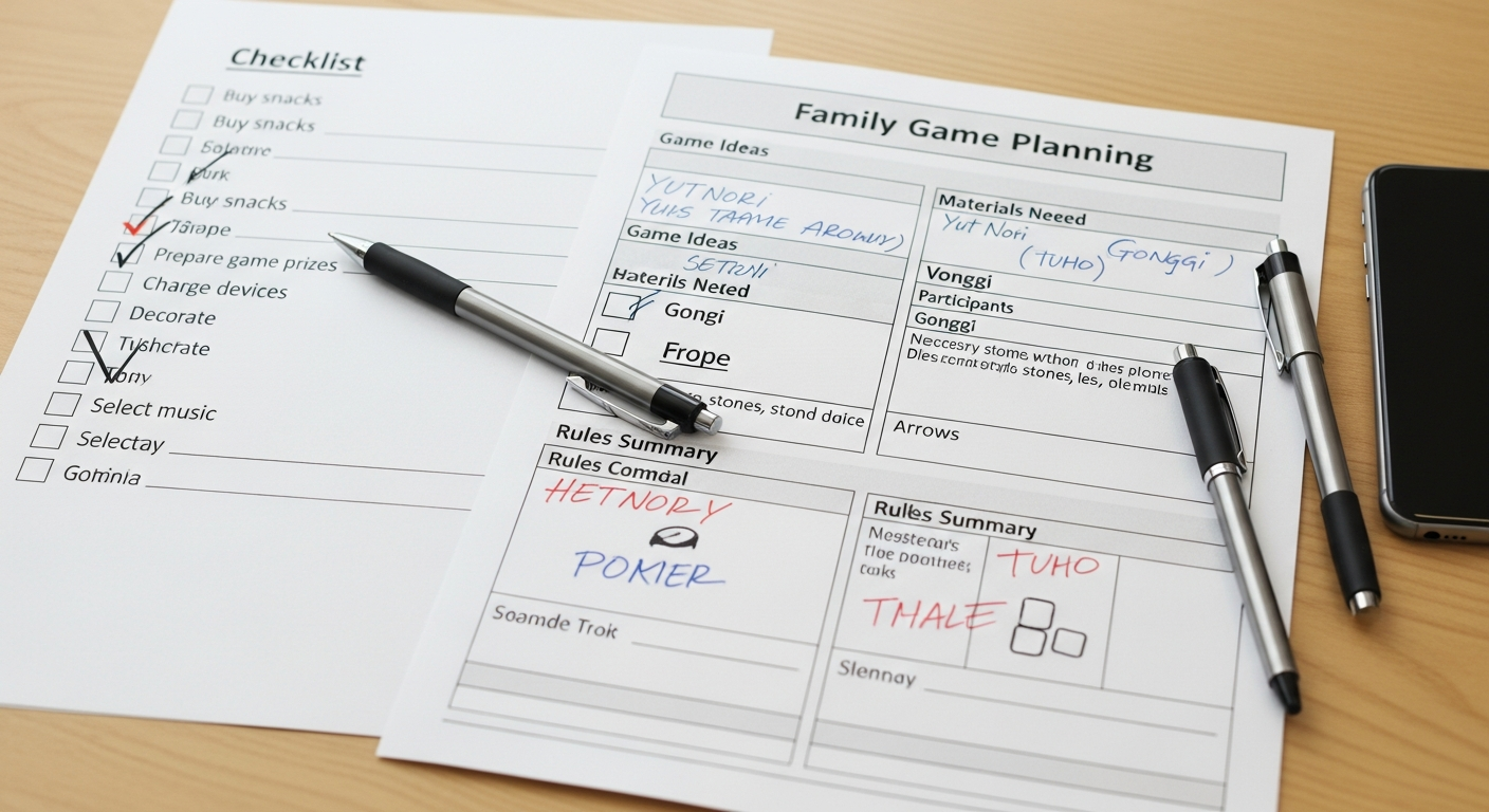 명절 레크레이션 준비를 위한 체크리스트와 계획표가 테이블에 놓여 있는 모습