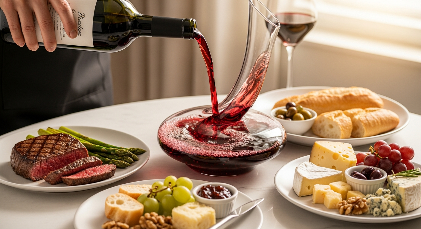 와인을 디캔팅하고 음식과 함께 즐기는 모습을 담은 이미지