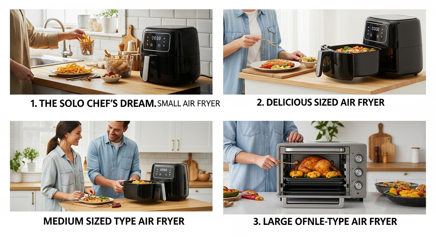 1인 가구, 신혼부부, 가족 주방에 각각 적합한 타입별 에어프라이어 사용 모습을 보여주는 이미지