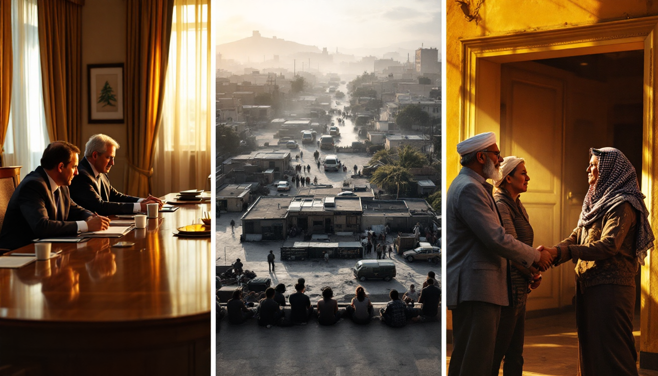 레바논의 세 가지 미래 시나리오를 좌중앙우 3분할로 표현한 몽타주 이미지 협상 장면, 점령된 남부 마을, 새로운 정치 협정의 상징적 장면