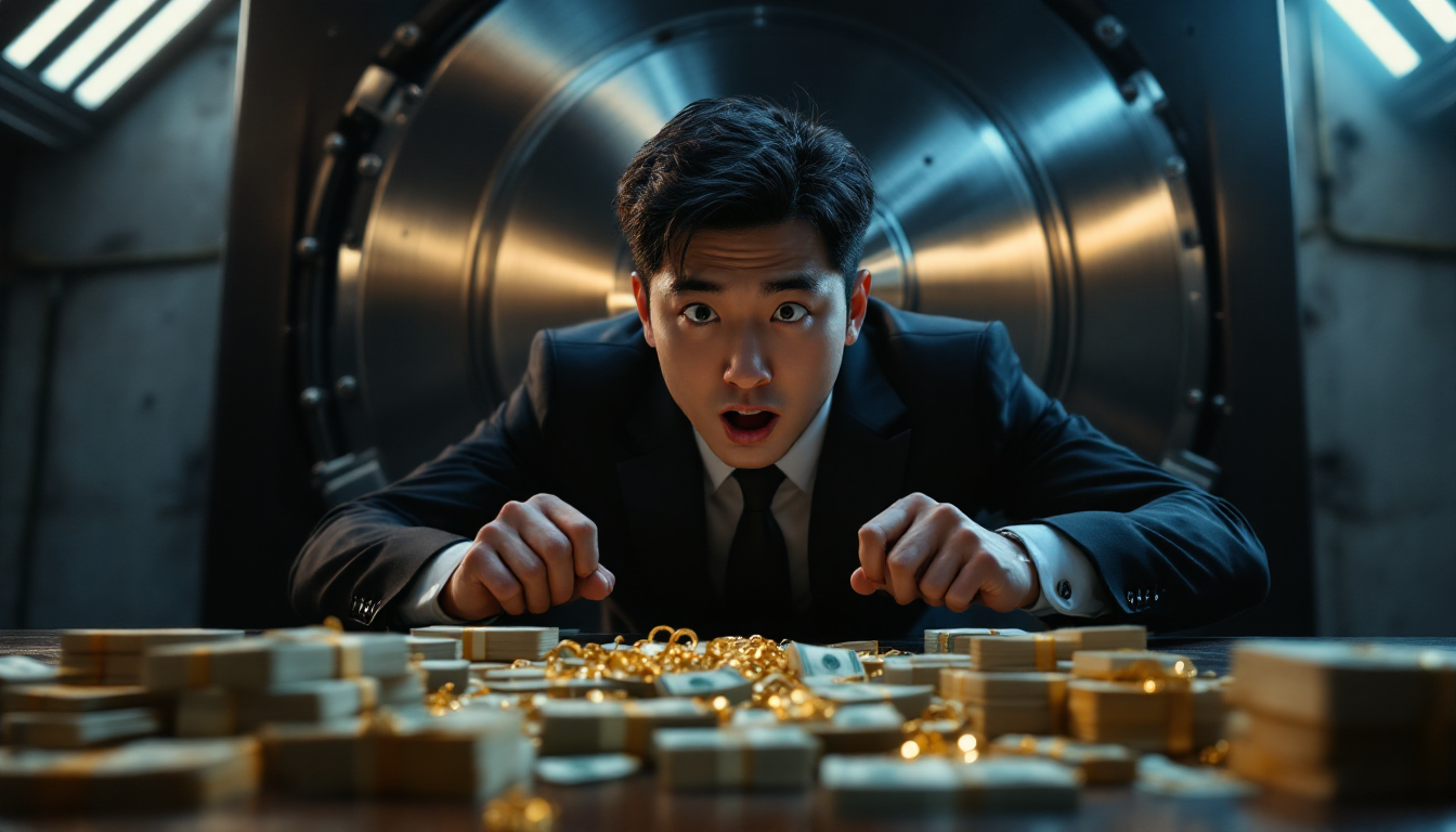 금고를 열어 숨겨진 재물과 기회를 발견하고 놀라워하는 한국인 성인