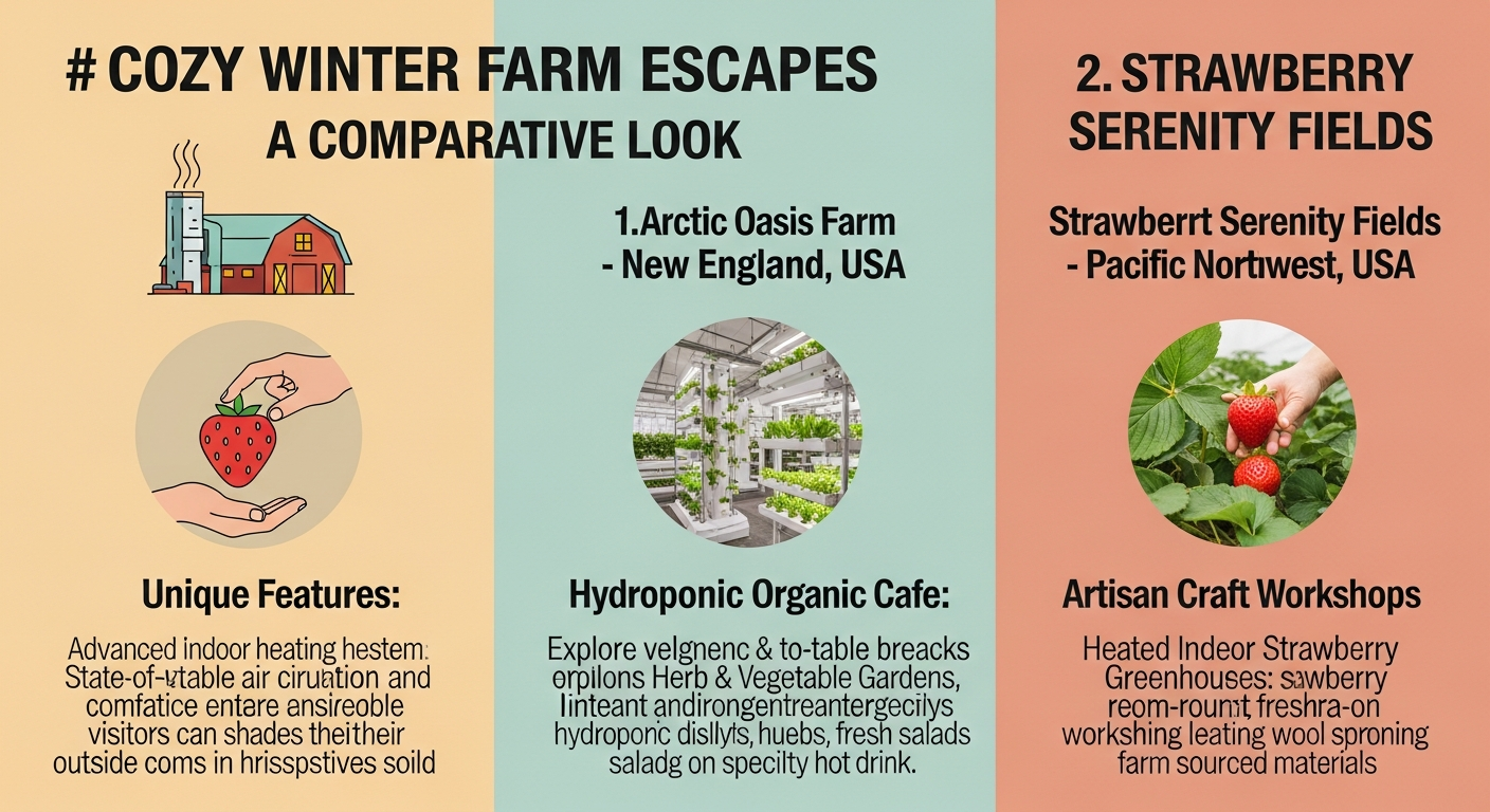 겨울철 실내 농장 체험 장소 세 곳을 비교한 인포그래픽 스타일 이미지