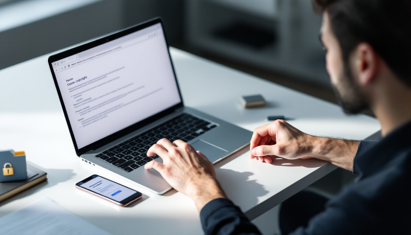 온라인 저작권 등록을 진행하는 한국인 창작자와 작업 책상 모습