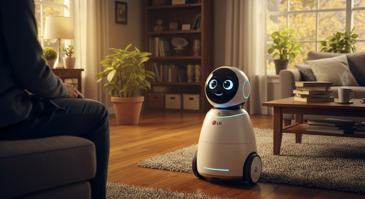 LG의 공감지능 AI 홈 에이전트를 따뜻한 동화풍 일러스트로 표현한 이미지