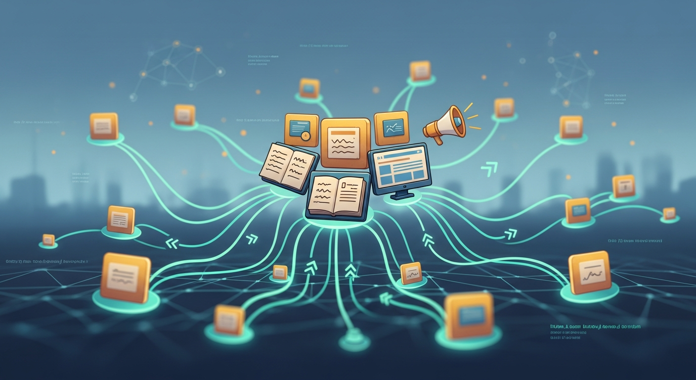 내부 링크가 연결된 블로그 글들의 SEO 콘텐츠 전략을 나타내는 일러스트