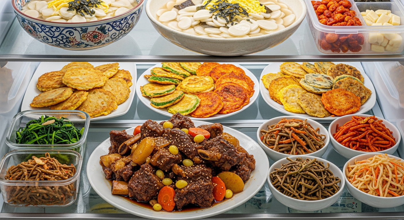 설날 남은 음식으로 가득 찬 냉장고 문이 살짝 열려 있는 모습