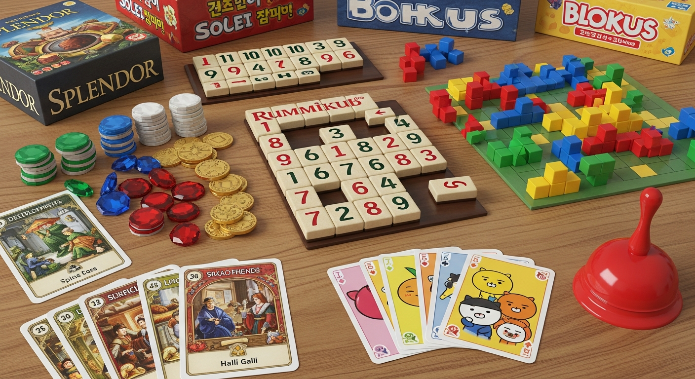 2026년 명절 인기 보드게임 루미큐브, 블로커스, 스플렌더, 할리갈리 게임 구성품이 놓여진 모습