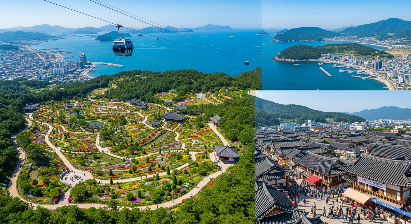 전라도의 가족 여름 여행 명소인 순천만국가정원, 여수 해상케이블카, 전주 한옥마을을 한 눈에 담은 풍경