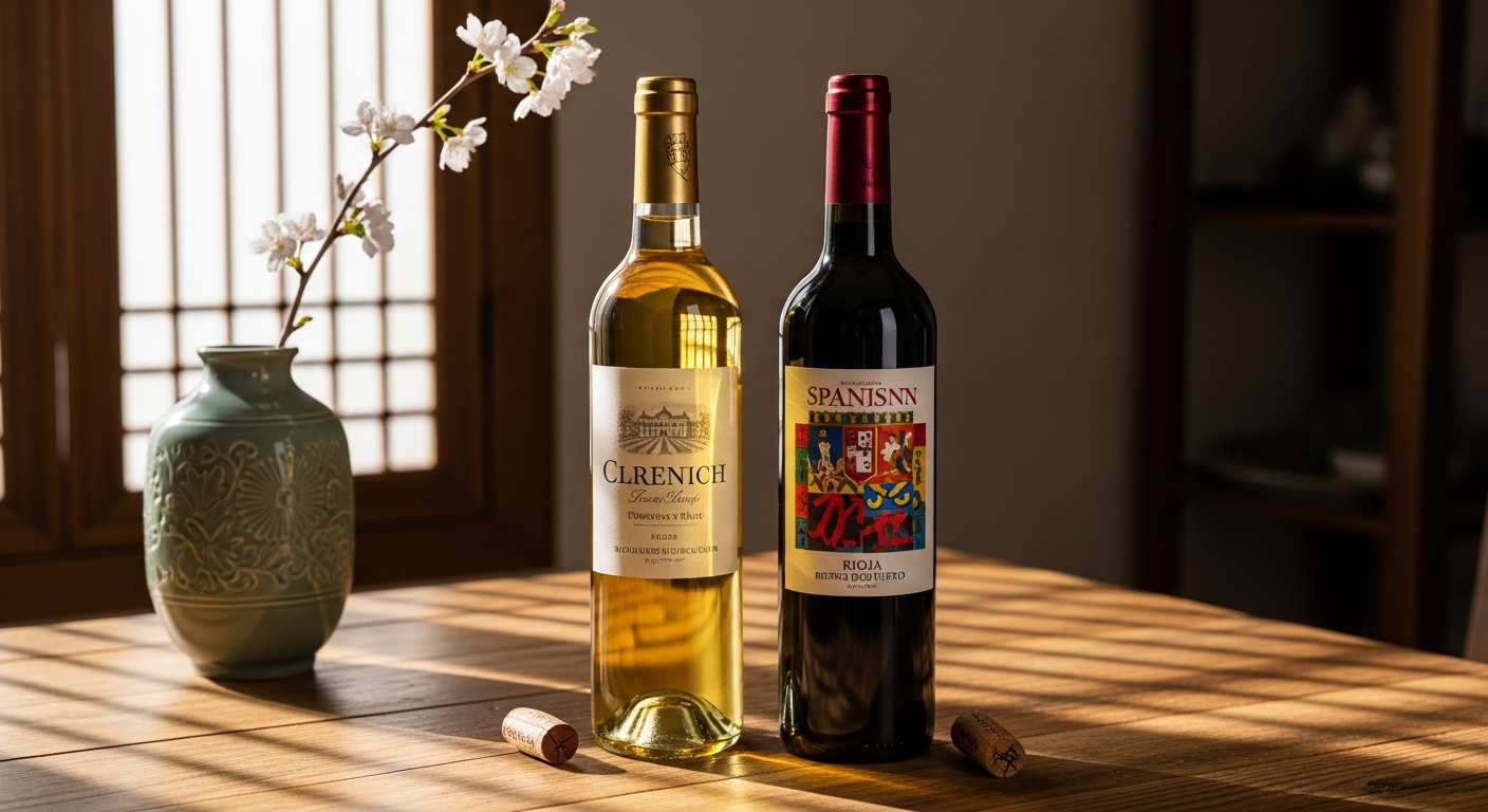 프랑스 화이트 와인과 스페인 레드 와인이 한국적 배경에서 나란히 놓여진 모습