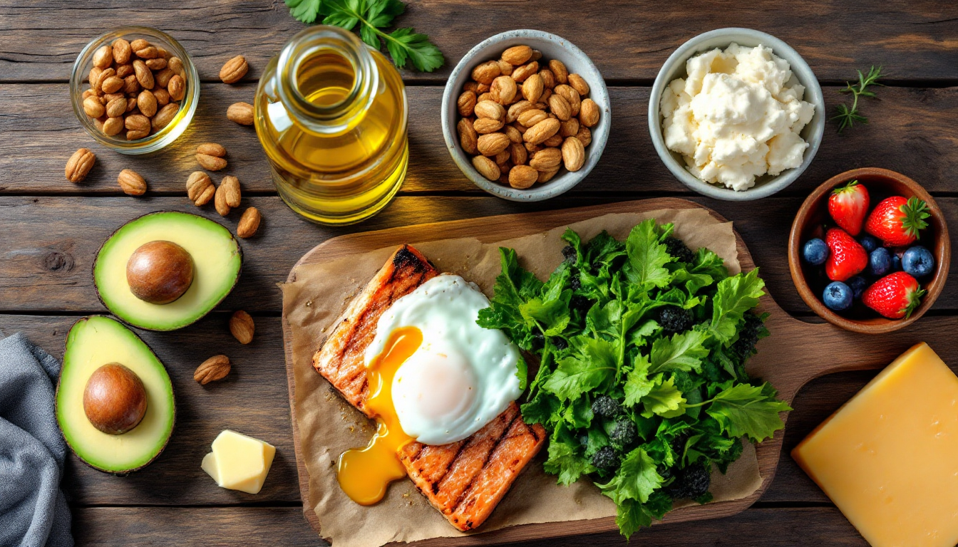 아보카도 올리브오일 버터 견과류 계란 생선 채소 치즈 등 케토 추천 음식 플랫레이 이미지