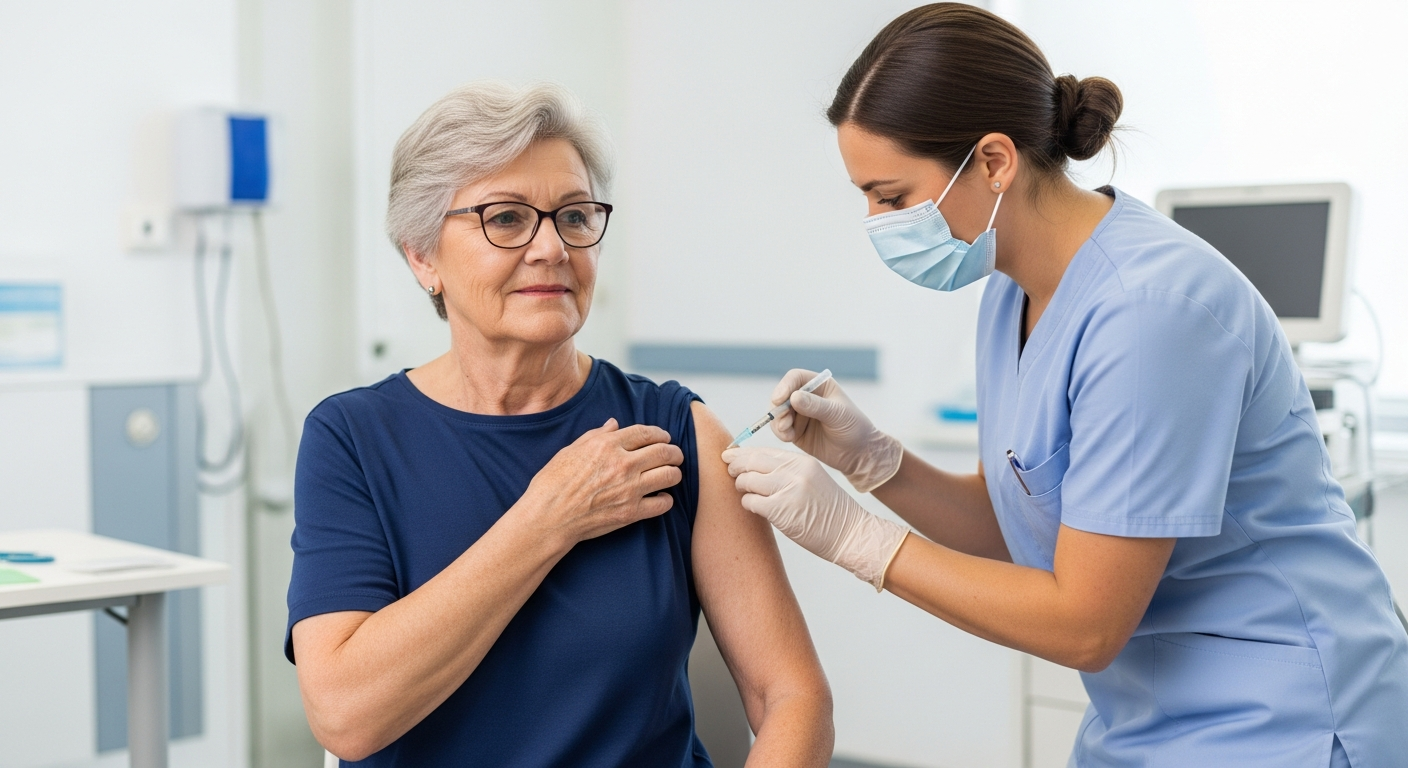 65세 이상 어르신이 독감과 코로나19 백신을 동시에 접종받는 모습
