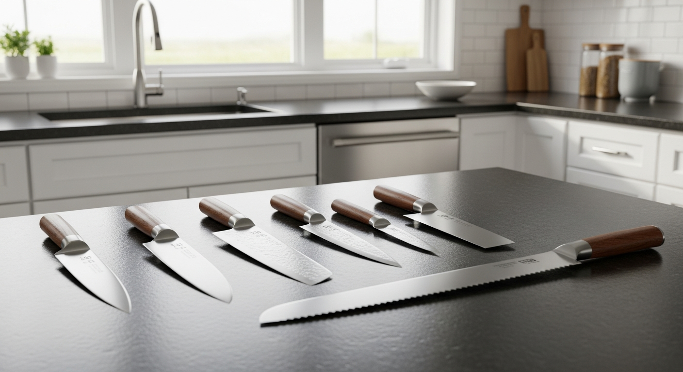 다양한 주방 칼들이 사용 목적으로 배열된 현대적인 주방 조리대 모습