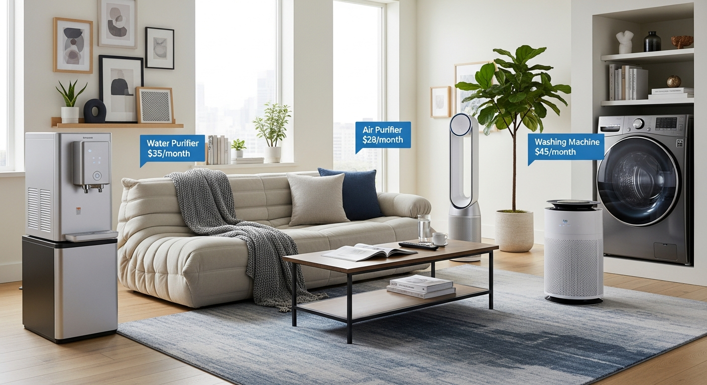 2026년 최신 가전제품 렌탈 서비스를 나타내는 거실 내부 모습, 정수기와 공기청정기, 세탁기 등이 포함된 모습