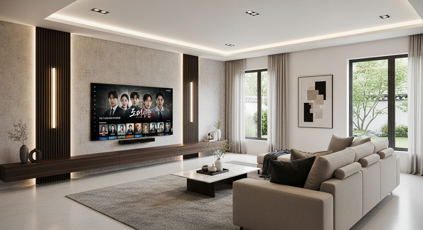 130형 삼성 마이크로 RGB TV가 설치된 한국 가정 거실의 초고화질 영화관급 디스플레이 이미지