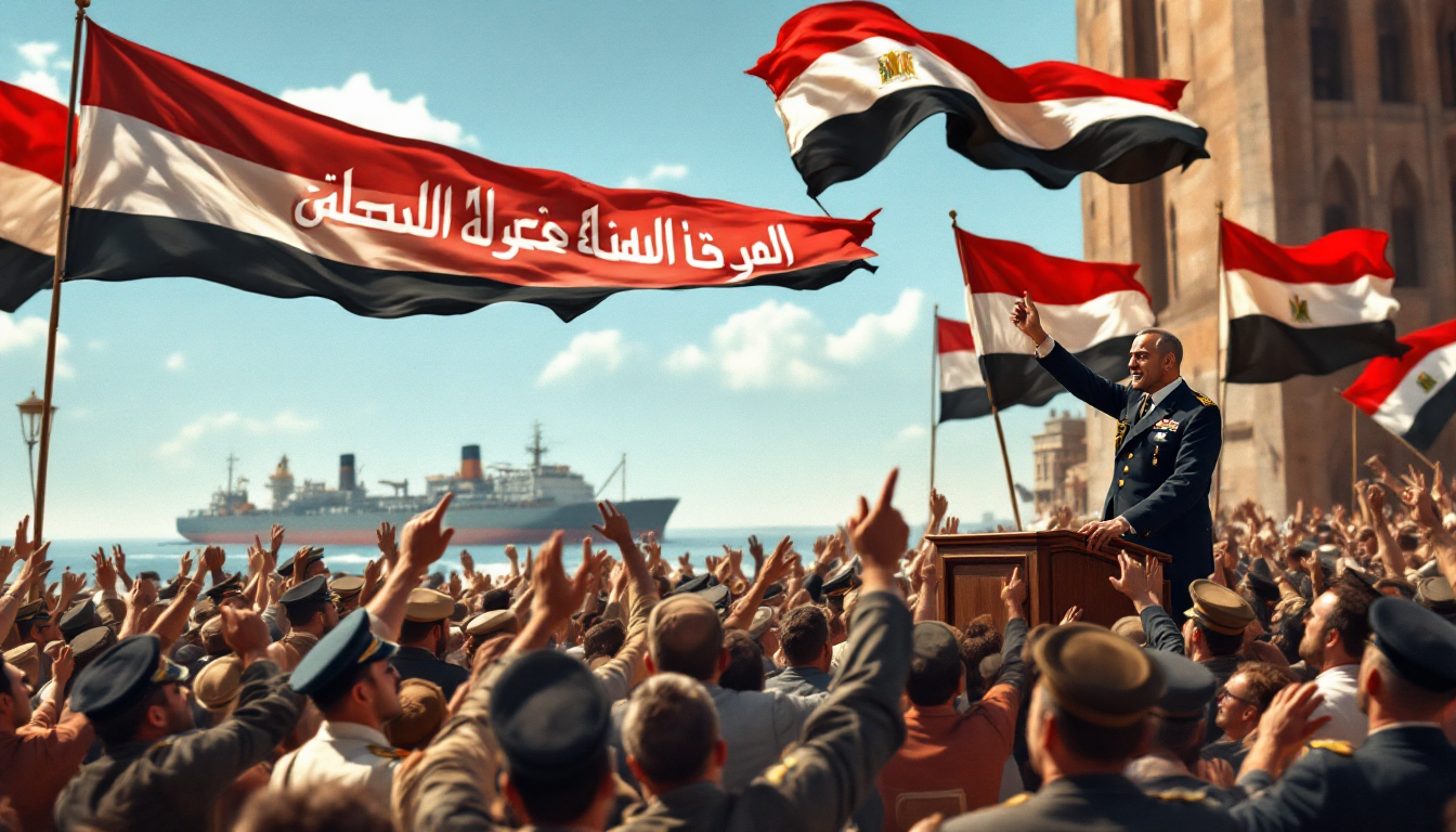 1950년대 이집트의 민중이 정치 지도자 연단을 둘러싸고 환호하는 장면 배경에 수에즈 운하와 대형 화물선이 보이는 모습 시대를 반영한 복장과 현장감 있는 사진 스타일