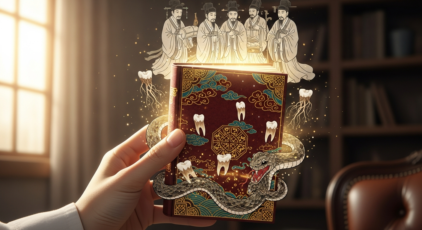 전통적인 꿈 해몽책과 함께 자연과 상징들이 어우러진 모습