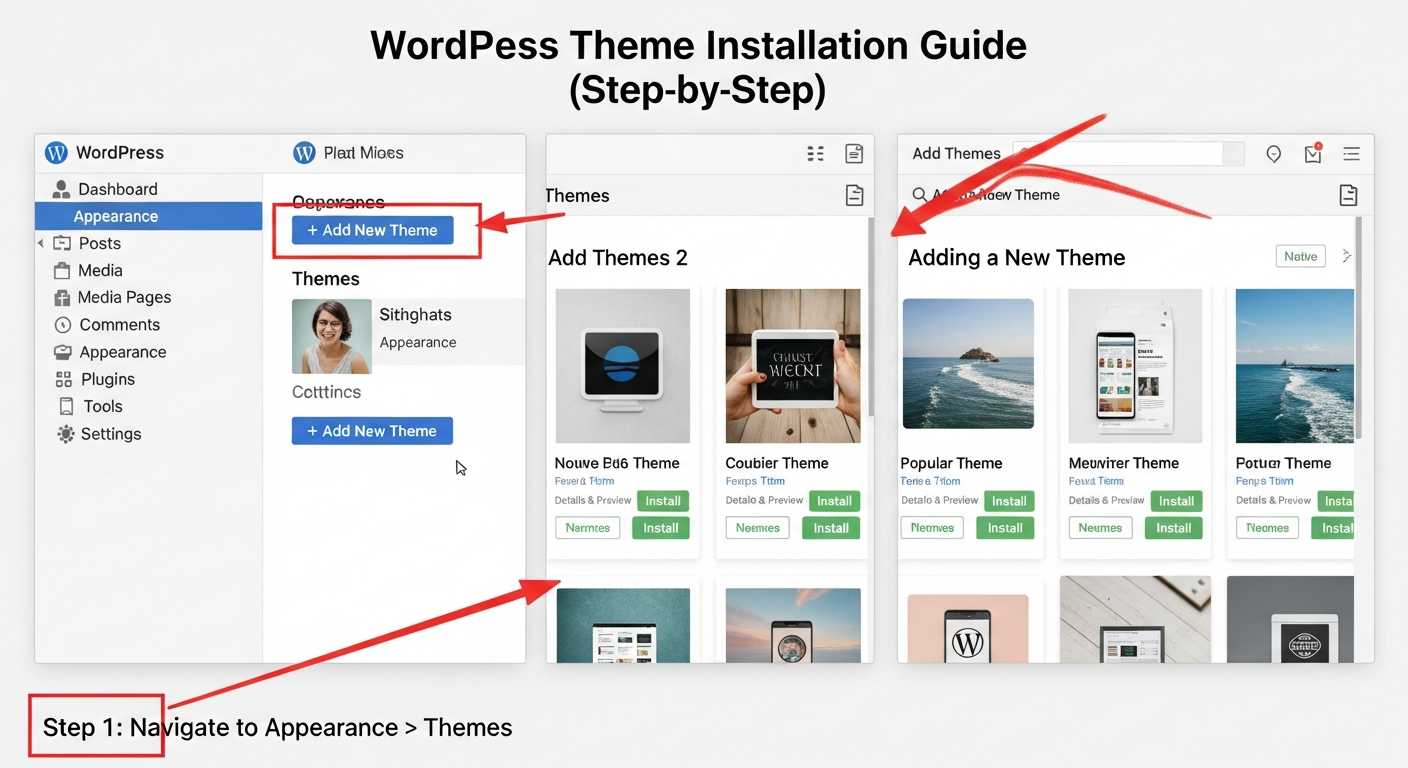 워드프레스 관리자 페이지에서 테마를 설치하는 단계별 과정 이미지