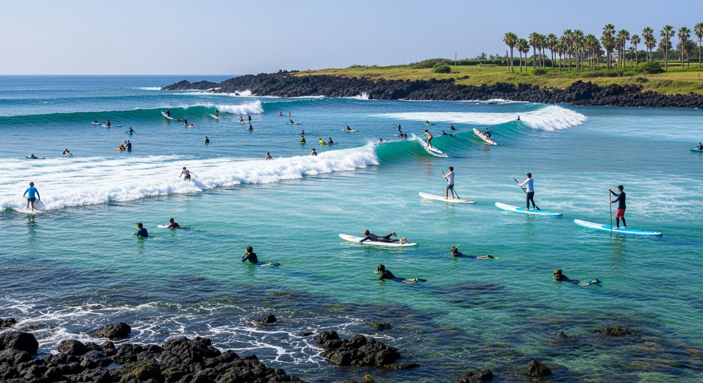 제주 해변의 화산암과 야자수 풍경 속 다양한 서핑과 해변 액티비티 모습