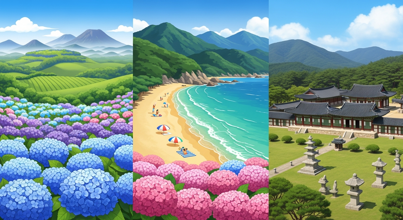 2026년 한국 가족 여행지 추천: 제주도, 강원도, 경주를 배경으로 아이들이 체험하는 모습