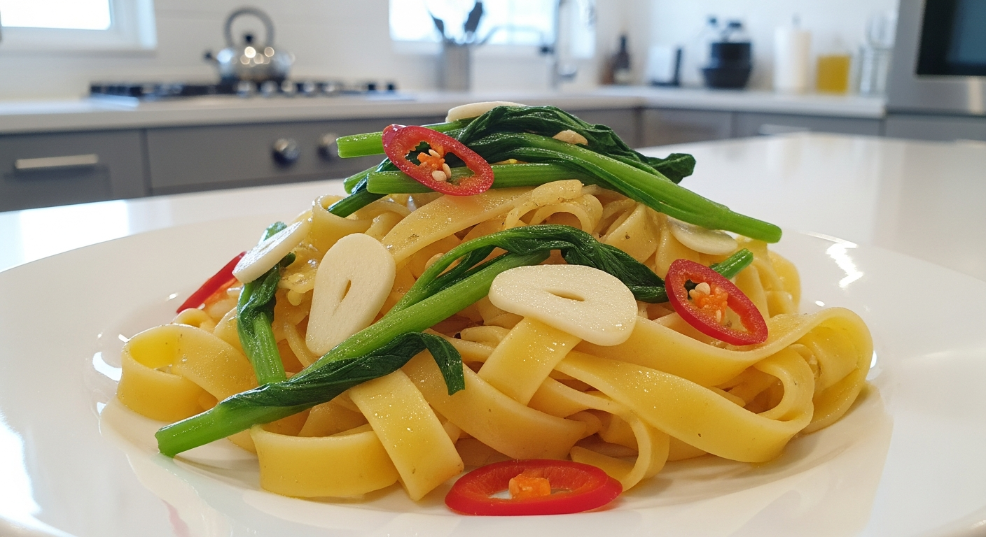 봄동 겉절이를 활용한 아삭한 봄동 파스타 접시