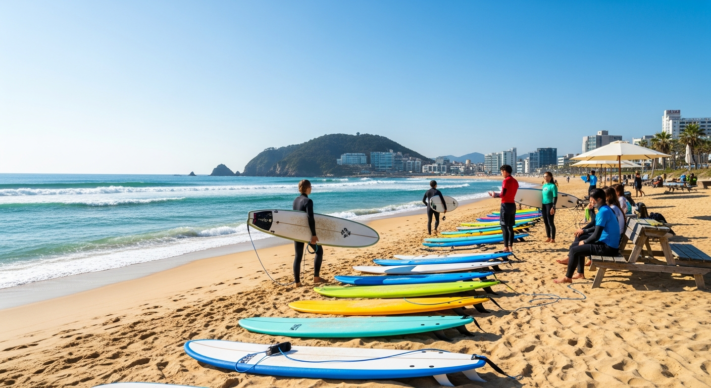 강원도 양양의 서핑 해변과 서핑 문화를 보여주는 활기찬 풍경