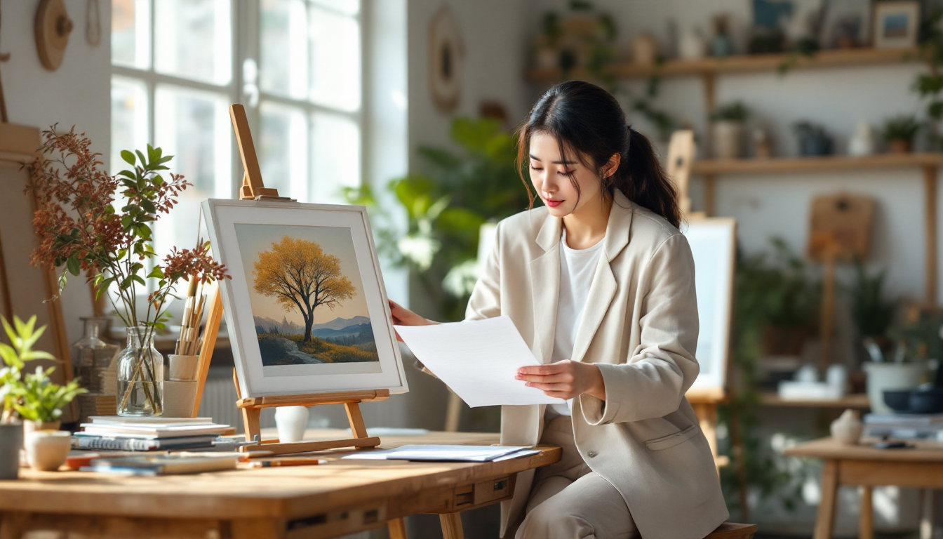 작품과 계약서를 들여다보는 한국인 작가의 스튜디오 장면