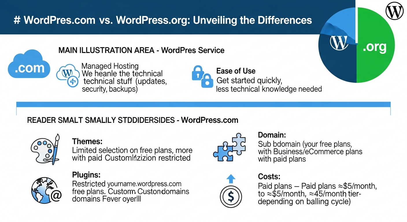 설치형 워드프레스와 가입형 워드프레스의 차이를 설명하는 이해하기 쉬운 인포그래픽 스타일 일러스트