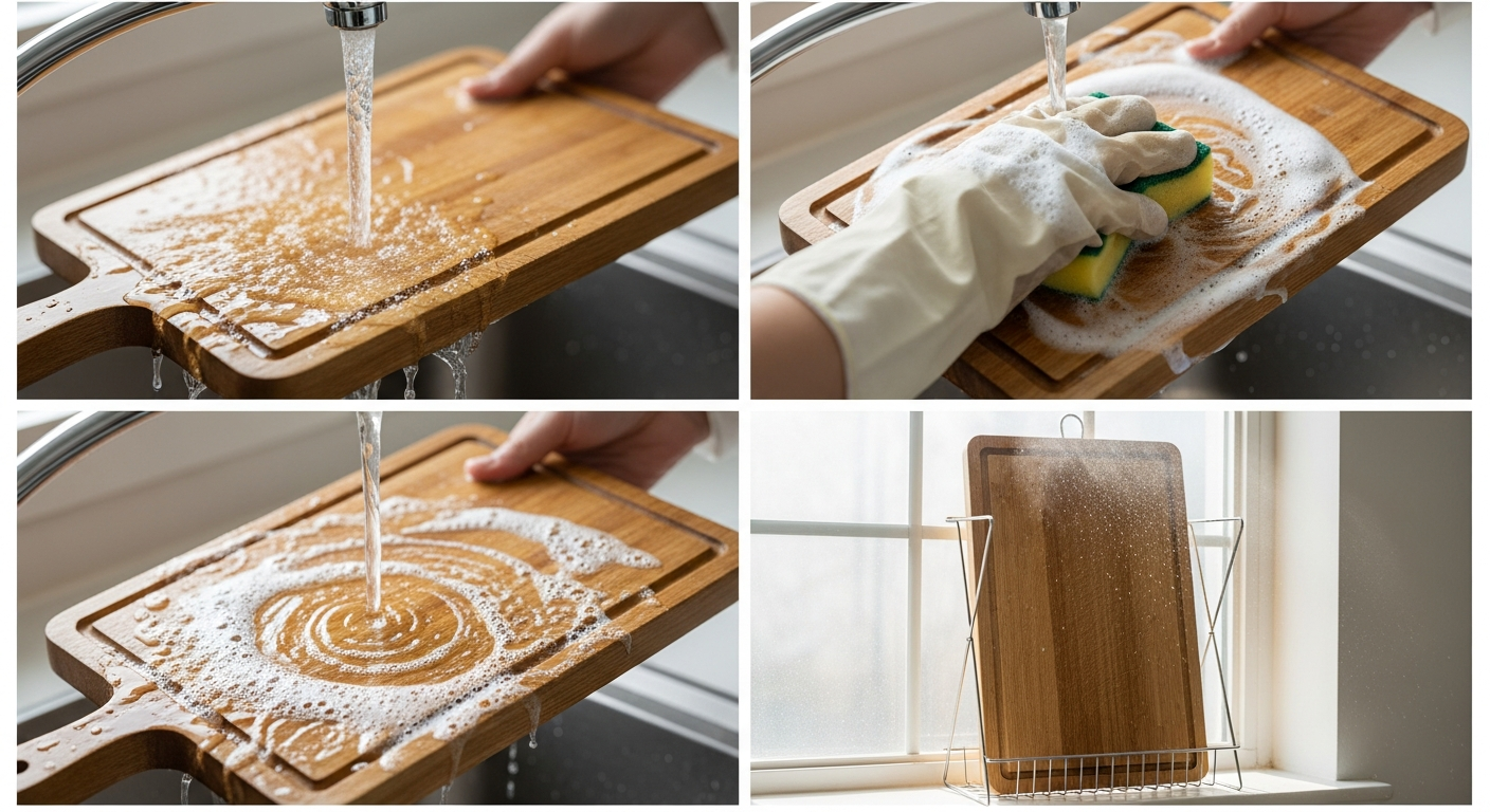 도마 사용 후 찬물 헹구기, 세제 사용, 꼼꼼한 헹굼, 세워서 건조하는 4단계 세척 과정의 실제 모습