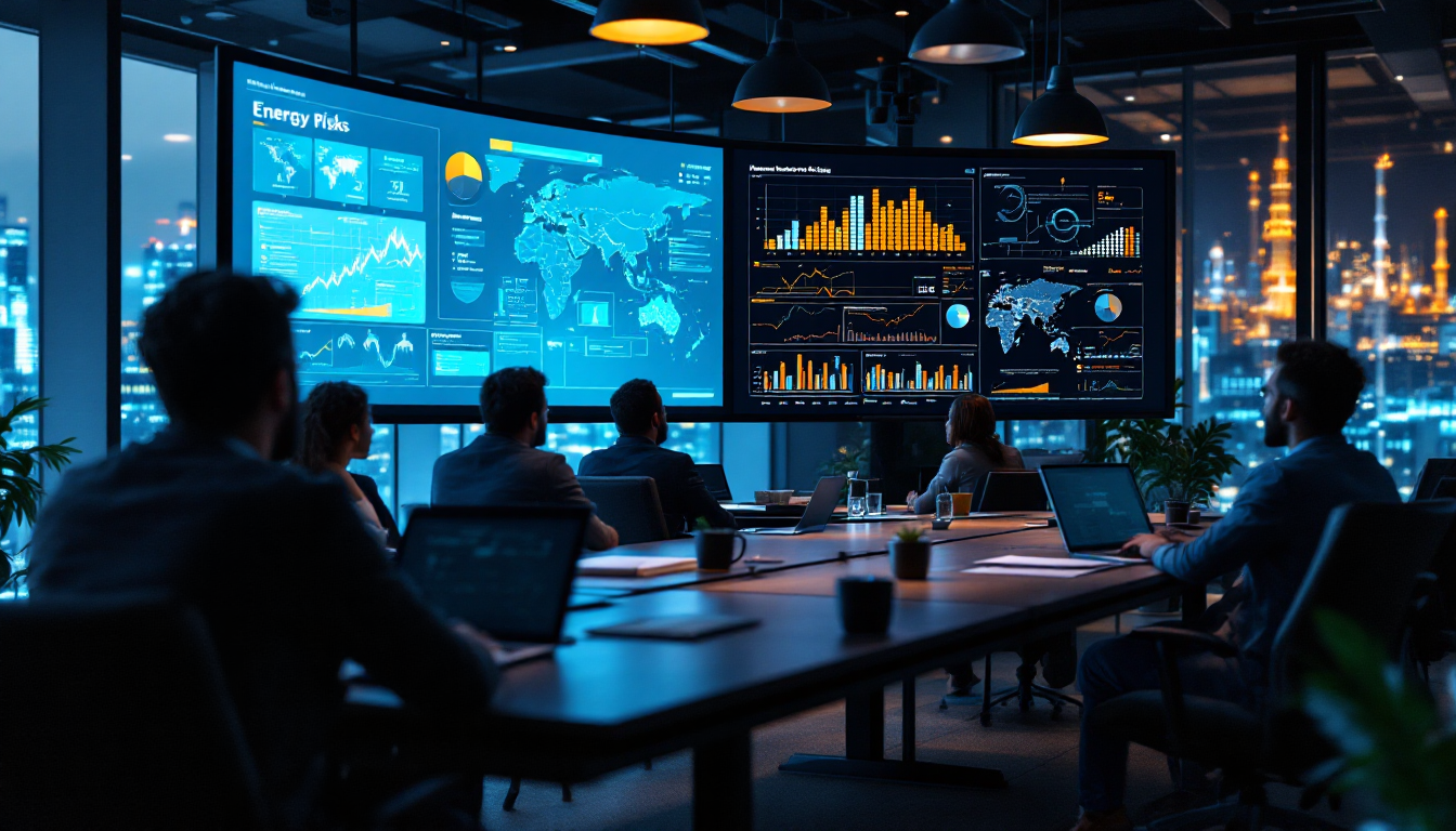 다국적 에너지 분석가들이 대시보드와 시나리오 카드를 보며 리스크 분석을 하는 기업 워크숍 장면