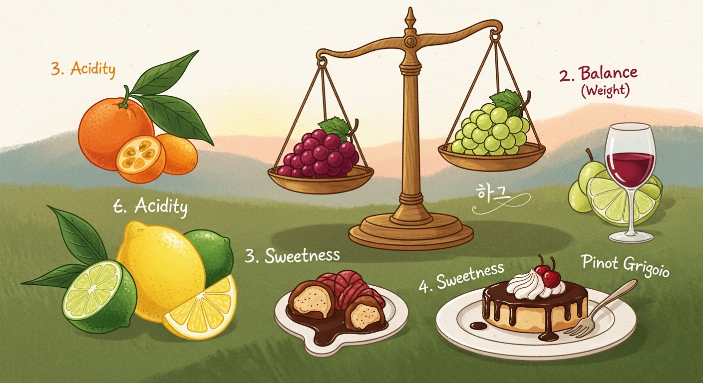 와인 페어링 5대 기본 원칙을 다섯 아이콘으로 표현한 따뜻한 동화풍 일러스트