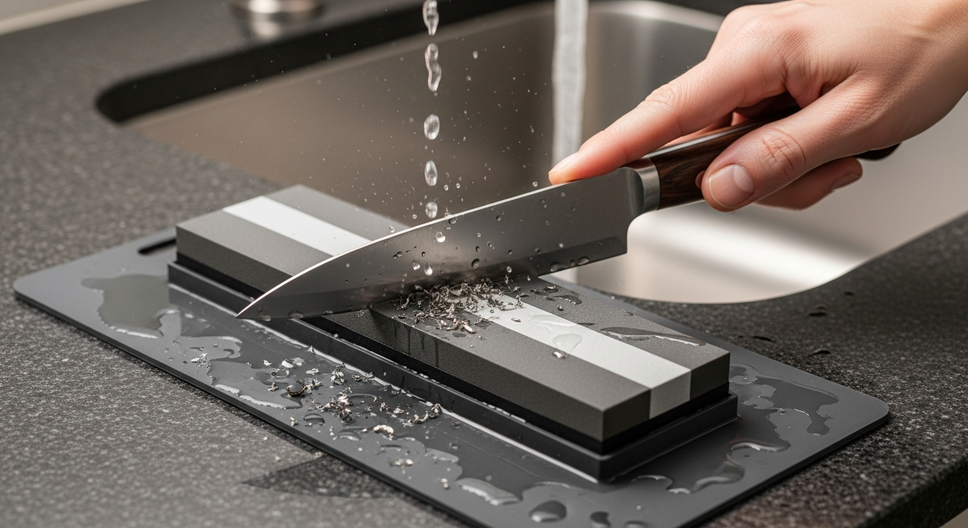 주방 칼을 숫돌에 15~20도 각도로 연마하는 모습의 클로즈업