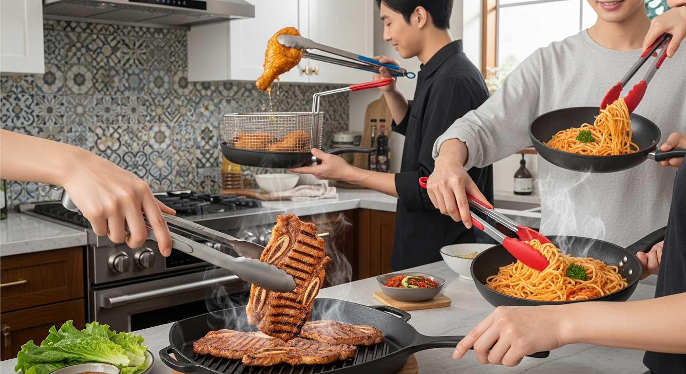 국내 주방에서 다양한 요리에 맞게 사용하는 여러 종류의 집게