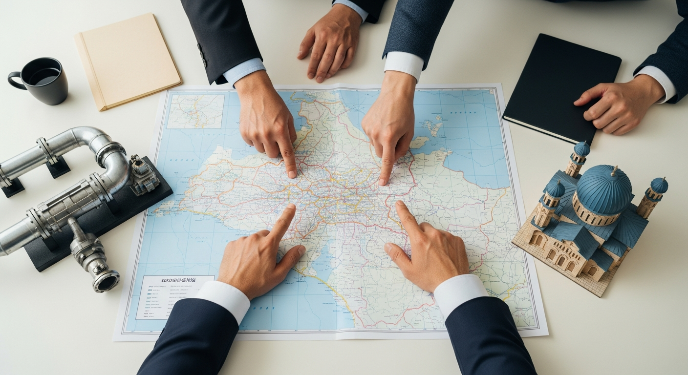 국경 지도를 놓고 협상하는 모습과 물과 성지를 상징하는 모형