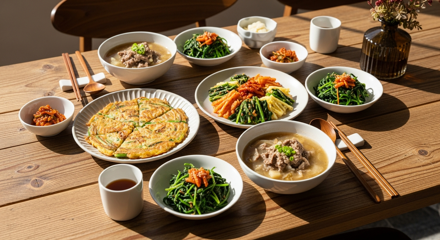 봄동전, 소고기 뭇국, 시금치 나물이 놓인 가족 식사 테이블