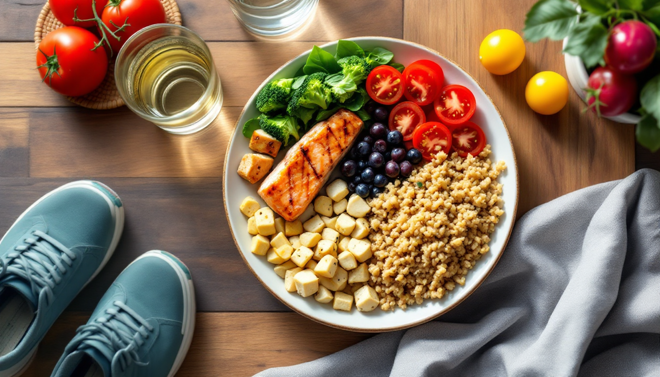 당뇨 환자용 접시법을 보여주는 상단 촬영 사진으로 반은 채소 분량과 단백질 탄수화물이 배치된 식사 장면 설명