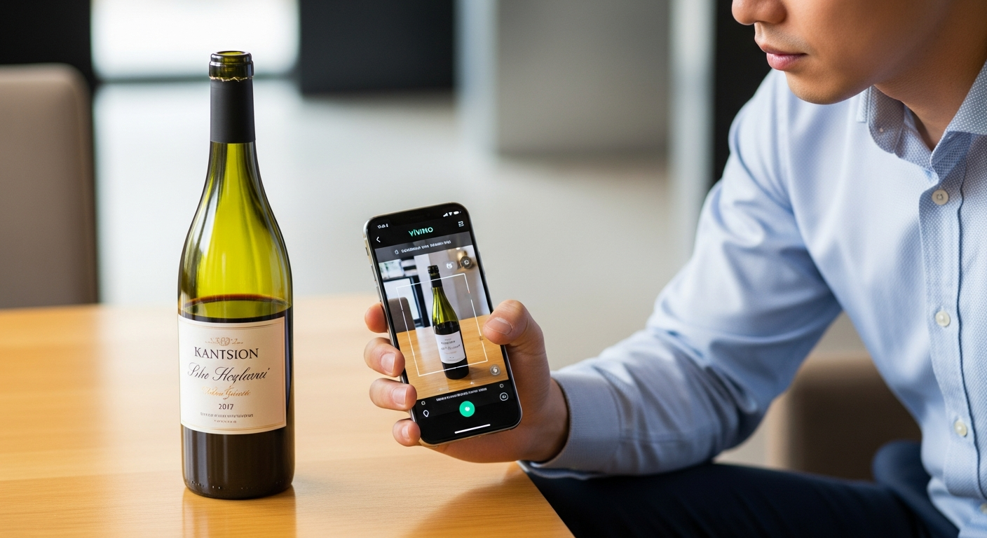 Vivino 앱으로 와인 라벨을 스캔하는 모습과 한국 남성의 실제 사진