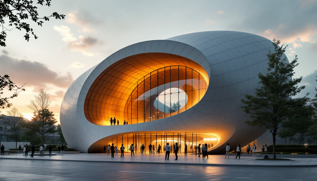 서울 마들로에 위치한 카메라 조리개 모양의 현대 사진 미술관 외관을 황금빛 시간대에 관람객들이 사진을 찍으며 둘러보는 모습