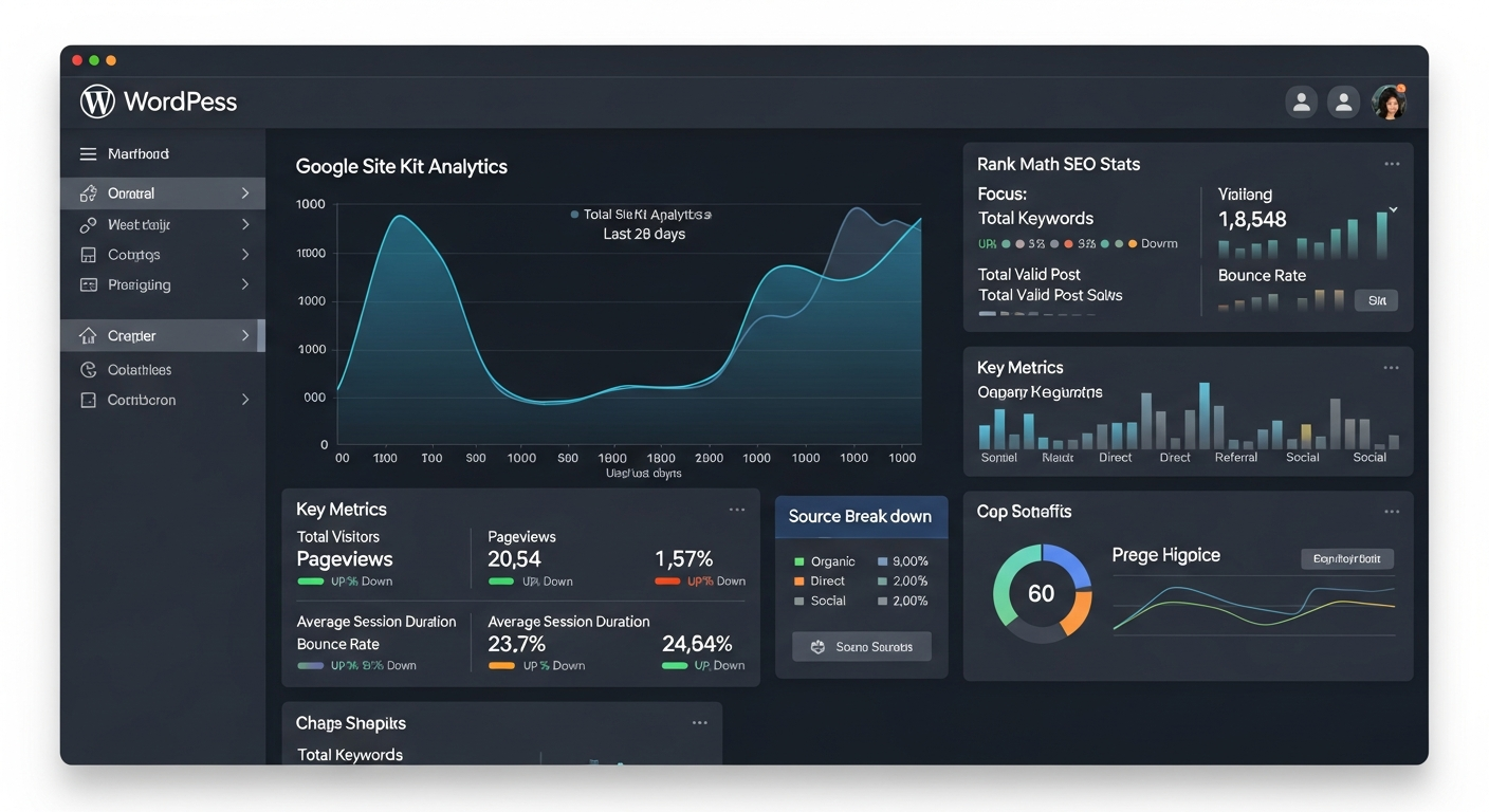 커스터마이징된 워드프레스 대시보드에 Google Site Kit, Rank Math SEO, WooCommerce 매출 위젯이 함께 표시된 화면