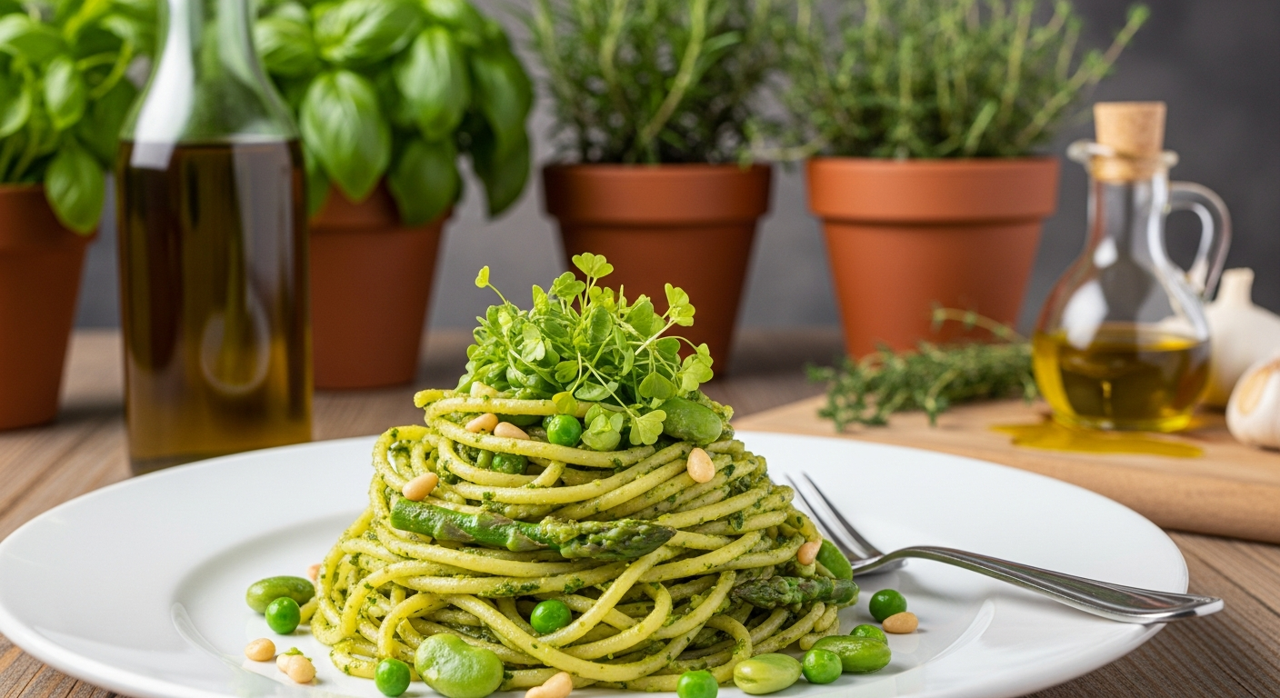 봄나물 페스토 파스타 접시에 담긴 모습