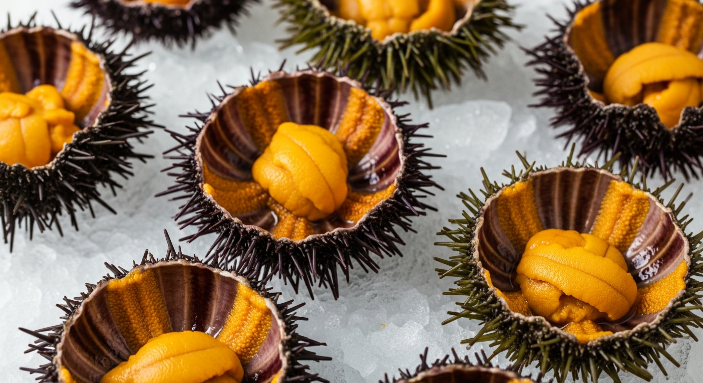 신선한 성게와 탱글탱글한 노란색 성게알의 클로즈업 이미지